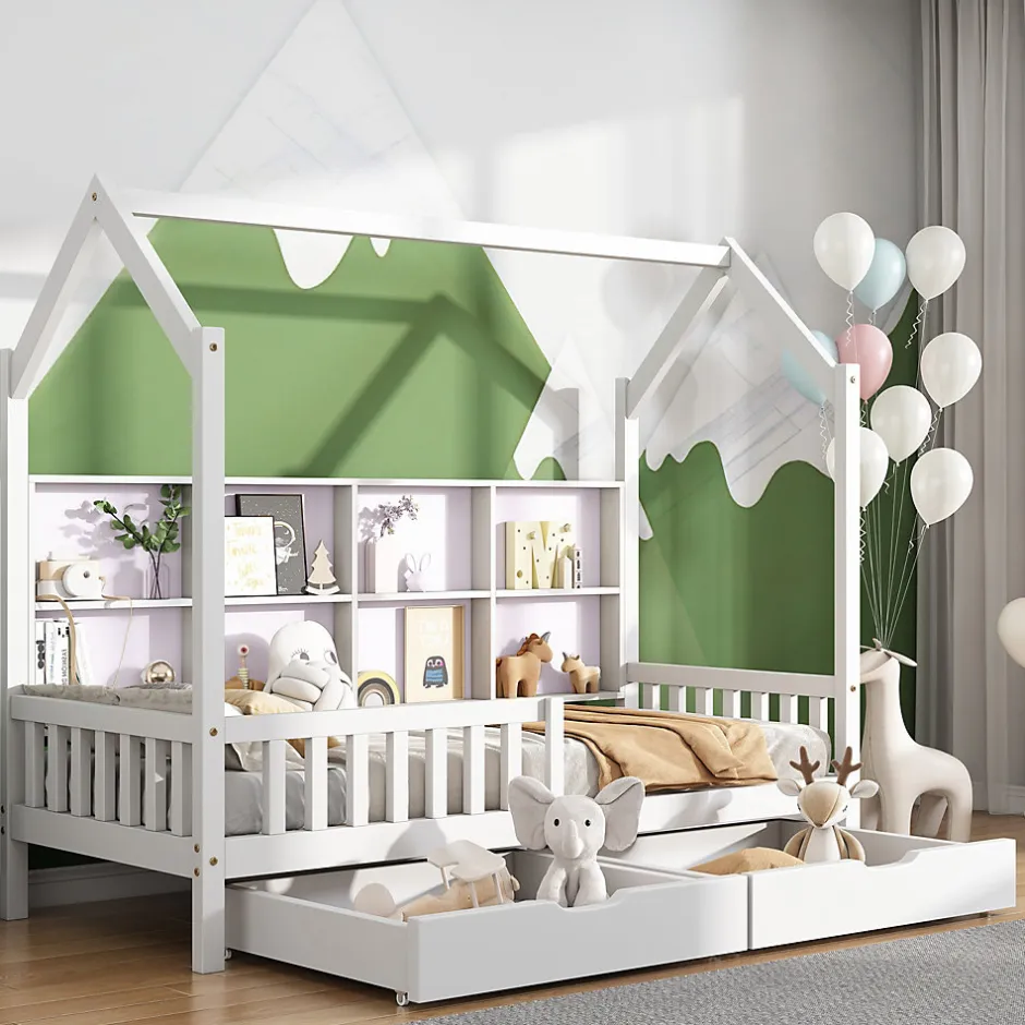 Enfant Redom Lit 90x200 cm en bois massif style scandinave en forme de maison avec 2 tiroirs de rangement blanc