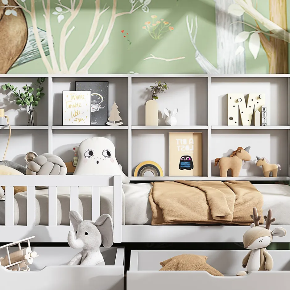 Enfant Redom Lit 90x200 cm en bois massif style scandinave en forme de maison avec 2 tiroirs de rangement blanc