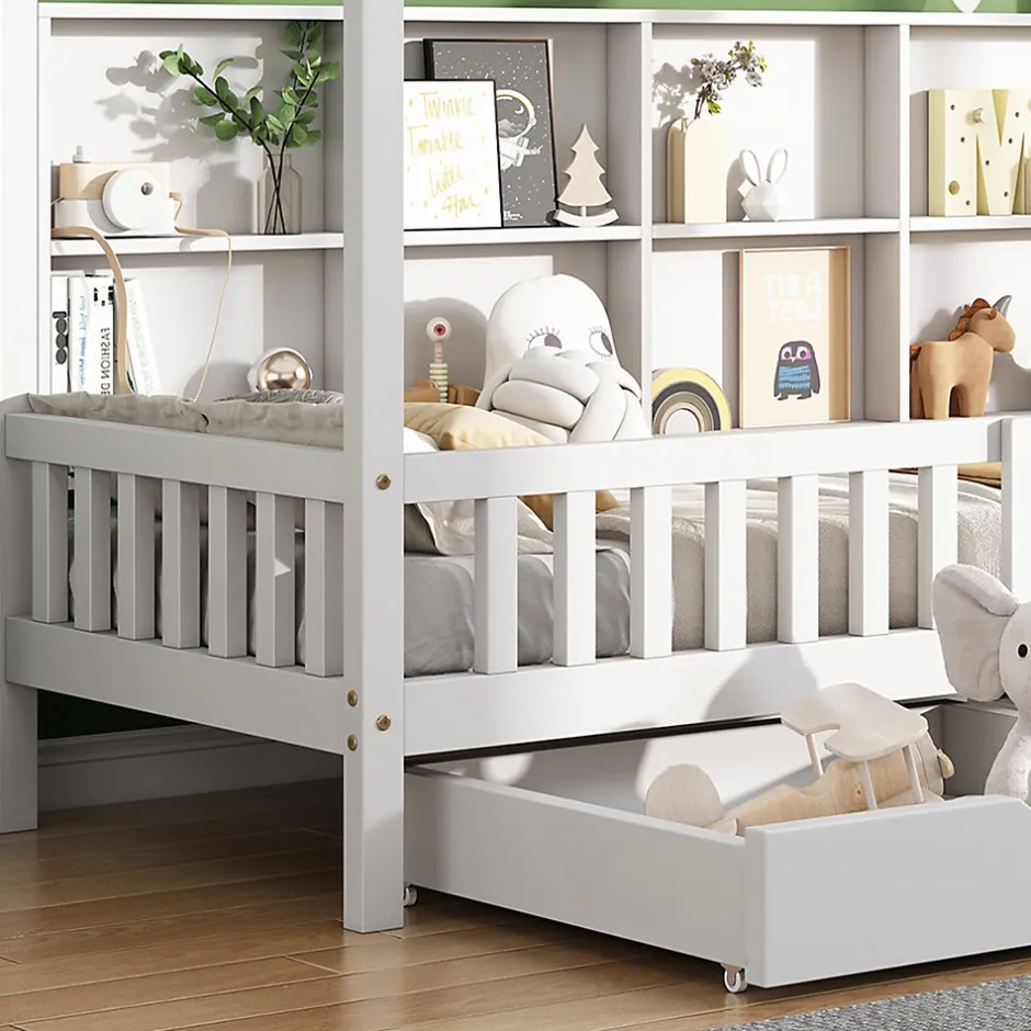 Enfant Redom Lit 90x200 cm en bois massif style scandinave en forme de maison avec 2 tiroirs de rangement blanc