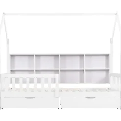 Enfant Redom Lit 90x200 cm en bois massif style scandinave en forme de maison avec 2 tiroirs de rangement blanc