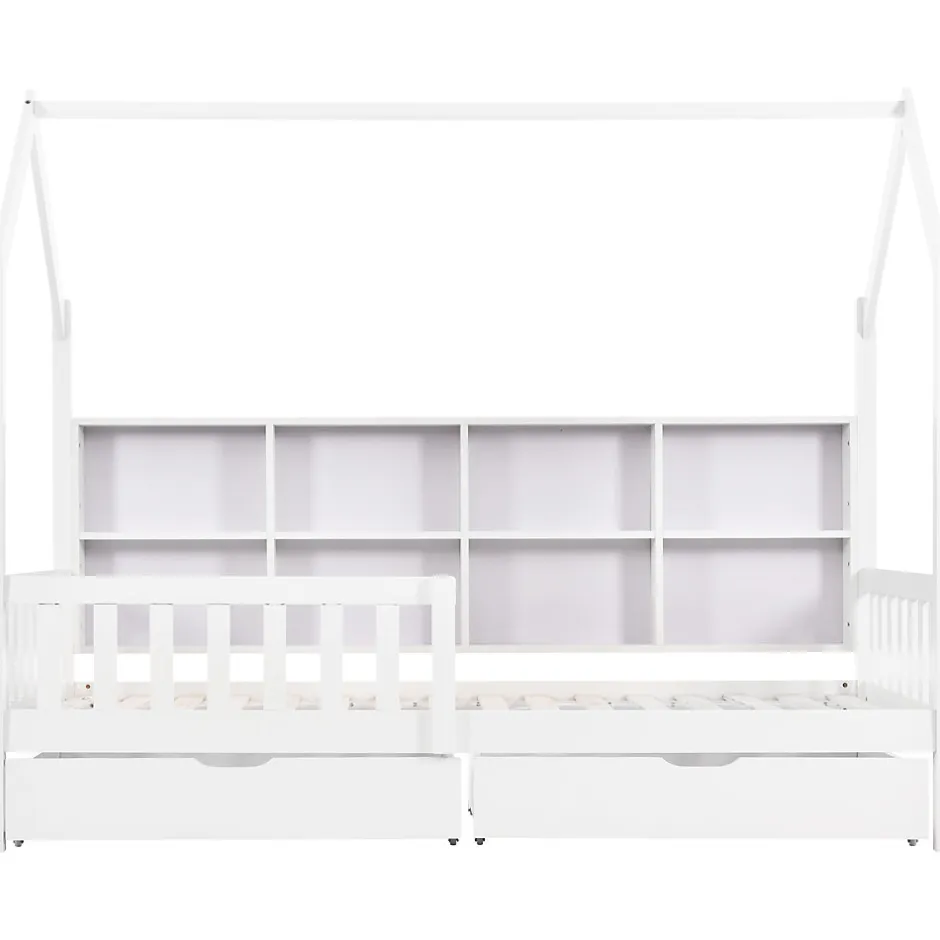 Enfant Redom Lit 90x200 cm en bois massif style scandinave en forme de maison avec 2 tiroirs de rangement blanc