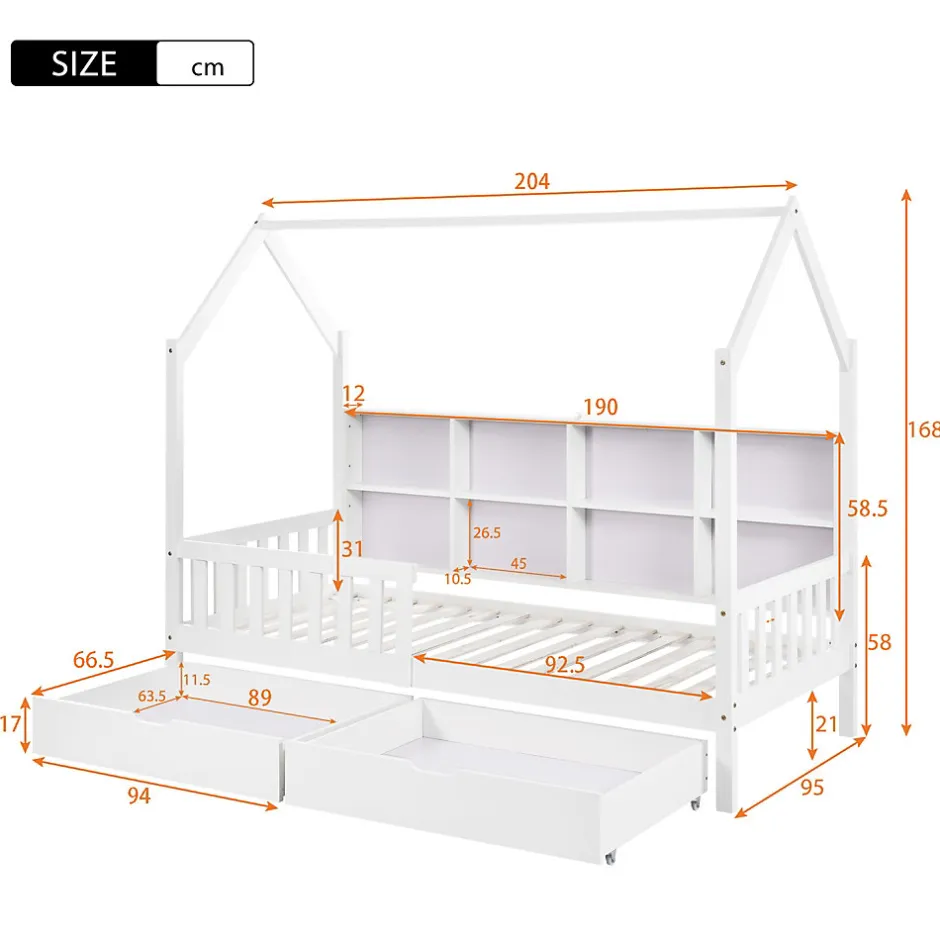 Enfant Redom Lit 90x200 cm en bois massif style scandinave en forme de maison avec 2 tiroirs de rangement blanc