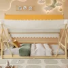 Enfant Redom Lit 90x200 cm en bois massif style maison avec tente amovible et barrières de sécurité, finition blanc/naturel