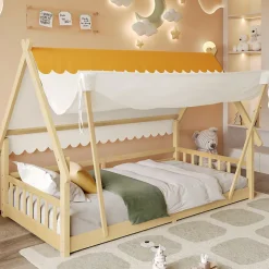 Enfant Redom Lit 90x200 cm en bois massif style maison avec tente amovible et barrières de sécurité, finition blanc/naturel