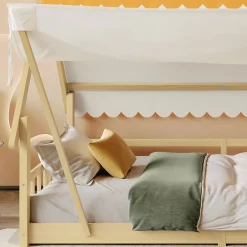 Enfant Redom Lit 90x200 cm en bois massif style maison avec tente amovible et barrières de sécurité, finition blanc/naturel