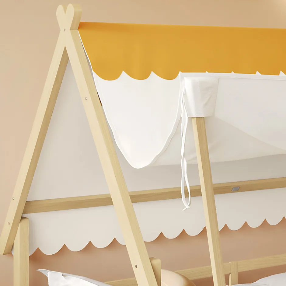 Enfant Redom Lit 90x200 cm en bois massif style maison avec tente amovible et barrières de sécurité, finition blanc/naturel