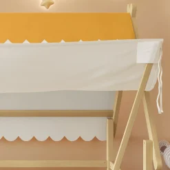 Enfant Redom Lit 90x200 cm en bois massif style maison avec tente amovible et barrières de sécurité, finition blanc/naturel