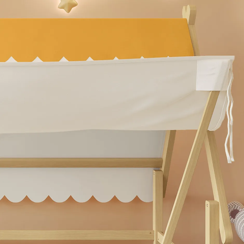 Enfant Redom Lit 90x200 cm en bois massif style maison avec tente amovible et barrières de sécurité, finition blanc/naturel