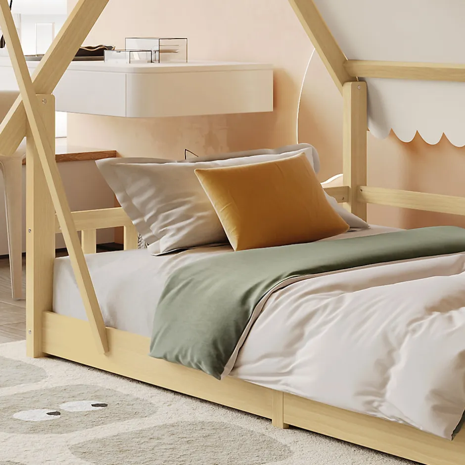 Enfant Redom Lit 90x200 cm en bois massif style maison avec tente amovible et barrières de sécurité, finition blanc/naturel