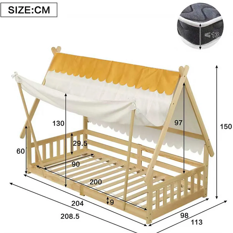 Enfant Redom Lit 90x200 cm en bois massif style maison avec tente amovible et barrières de sécurité, finition blanc/naturel
