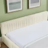 Redom Lit 140x200 cm en chenille beige avec plis décoratifs, structure bois d'eucalyptus et cadre métal solide New