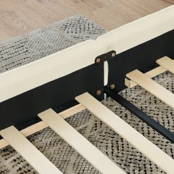 Redom Lit 140x200 cm en chenille beige avec plis décoratifs, structure bois d'eucalyptus et cadre métal solide New