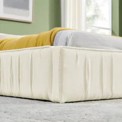 Redom Lit 140x200 cm en chenille beige avec plis décoratifs, structure bois d'eucalyptus et cadre métal solide New