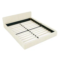 Redom Lit 140x200 cm en chenille beige avec plis décoratifs, structure bois d'eucalyptus et cadre métal solide New