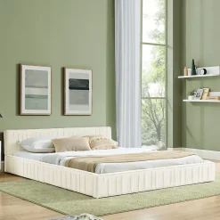 Redom Lit 140x200 cm en chenille beige avec plis décoratifs, structure bois d'eucalyptus et cadre métal solide New