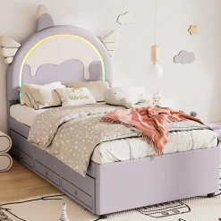 Redom Lit 90x200 cm en forme de licorne avec tête de lit en PU et tiroir gigogne, style enfant violet, MDF robuste Best
