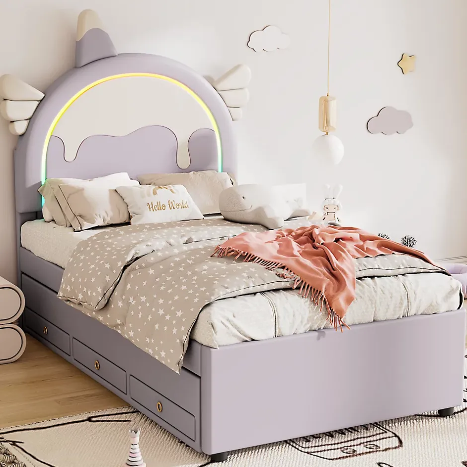 Redom Lit 90x200 cm en forme de licorne avec tête de lit en PU et tiroir gigogne, style enfant violet, MDF robuste Best