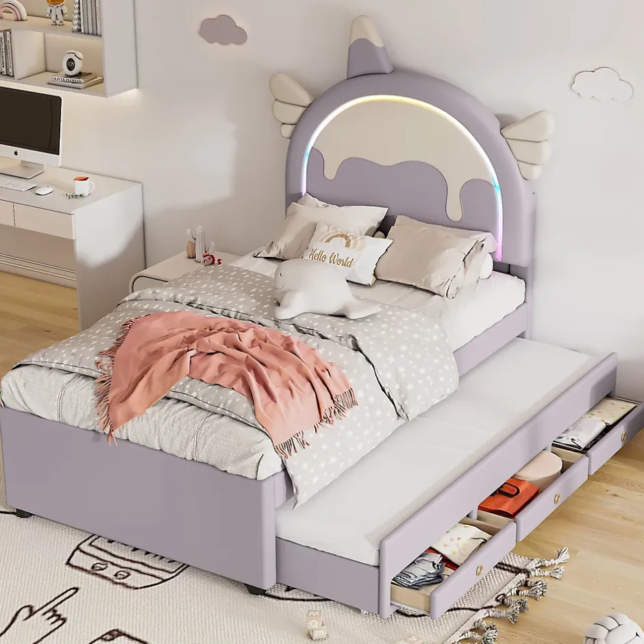 Redom Lit 90x200 cm en forme de licorne avec tête de lit en PU et tiroir gigogne, style enfant violet, MDF robuste Best