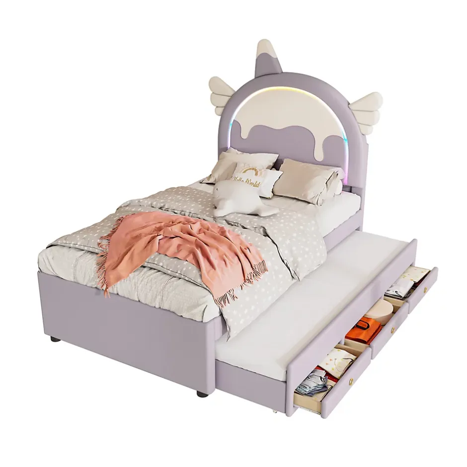 Redom Lit 90x200 cm en forme de licorne avec tête de lit en PU et tiroir gigogne, style enfant violet, MDF robuste Best