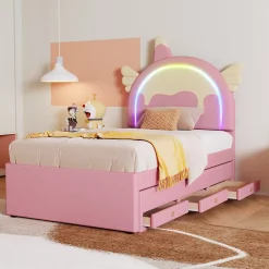 Redom Lit 90x200 cm en forme de licorne avec lit gigogne et tête de lit rembourrée en PU, style enfant rose Sale
