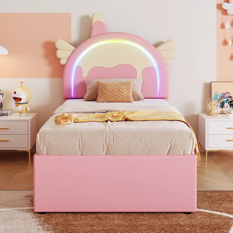 Redom Lit 90x200 cm en forme de licorne avec lit gigogne et tête de lit rembourrée en PU, style enfant rose Sale