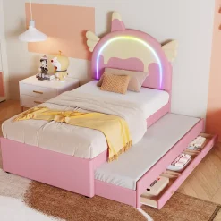 Redom Lit 90x200 cm en forme de licorne avec lit gigogne et tête de lit rembourrée en PU, style enfant rose Sale