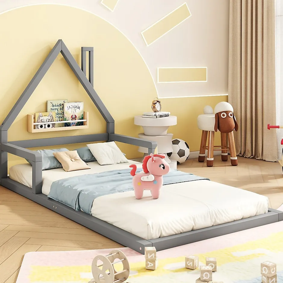 Enfant Redom Lit 90x200 cm en forme de maison avec cadre en pin massif et MDF, design scandinave gris, sommier 7 lattes, idéal chambre enfant
