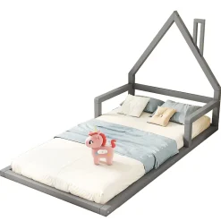 Enfant Redom Lit 90x200 cm en forme de maison avec cadre en pin massif et MDF, design scandinave gris, sommier 7 lattes, idéal chambre enfant
