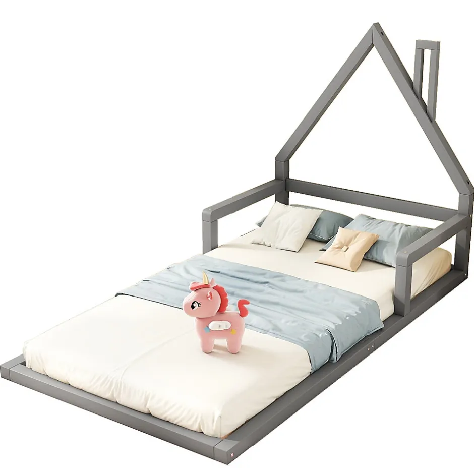 Enfant Redom Lit 90x200 cm en forme de maison avec cadre en pin massif et MDF, design scandinave gris, sommier 7 lattes, idéal chambre enfant