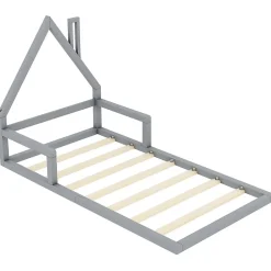 Enfant Redom Lit 90x200 cm en forme de maison avec cadre en pin massif et MDF, design scandinave gris, sommier 7 lattes, idéal chambre enfant