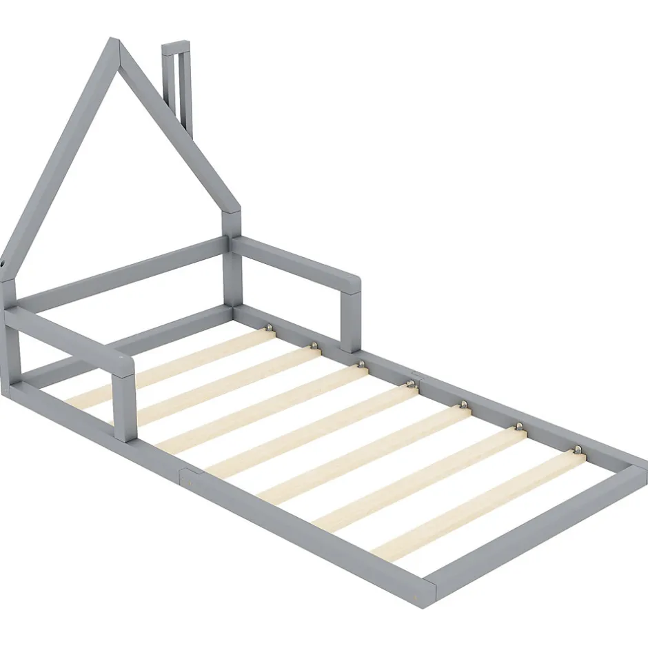Enfant Redom Lit 90x200 cm en forme de maison avec cadre en pin massif et MDF, design scandinave gris, sommier 7 lattes, idéal chambre enfant