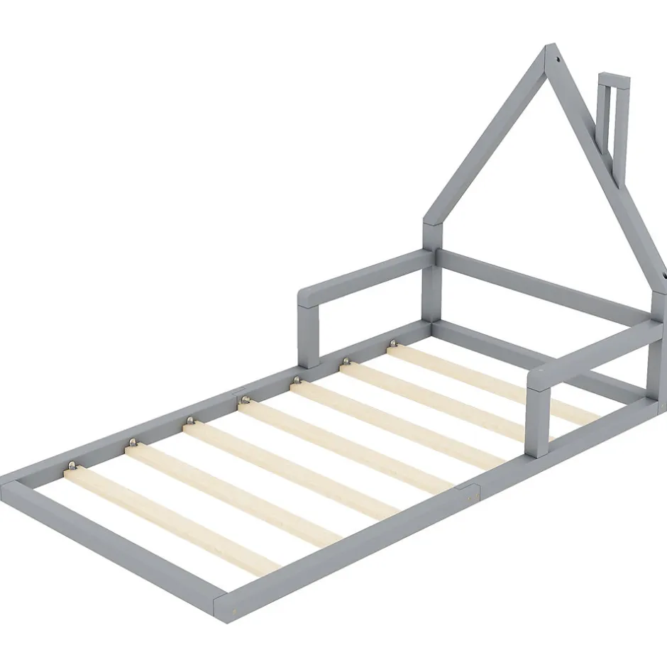 Enfant Redom Lit 90x200 cm en forme de maison avec cadre en pin massif et MDF, design scandinave gris, sommier 7 lattes, idéal chambre enfant