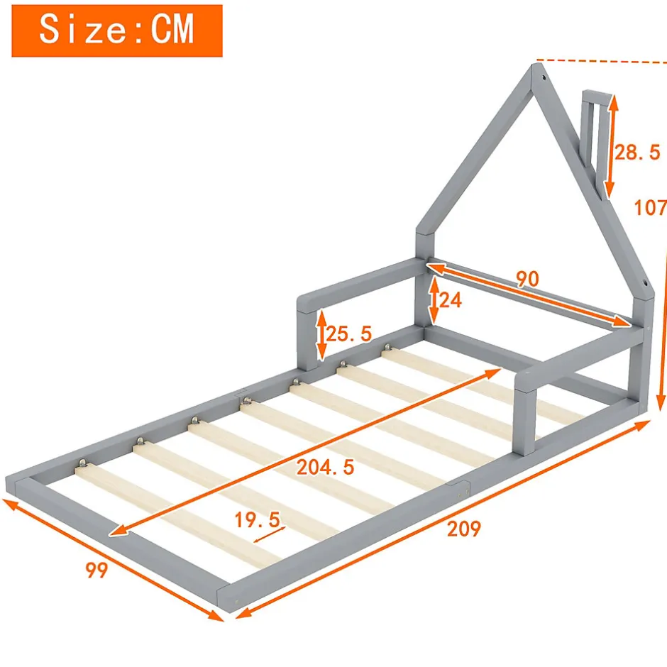 Enfant Redom Lit 90x200 cm en forme de maison avec cadre en pin massif et MDF, design scandinave gris, sommier 7 lattes, idéal chambre enfant