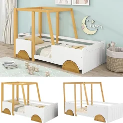 Redom Lit 90x200 cm en forme de voiture avec cadre en pin massif et barrières de protection, blanc/naturel Hot