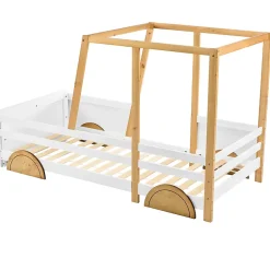 Redom Lit 90x200 cm en forme de voiture avec cadre en pin massif et barrières de protection, blanc/naturel Hot