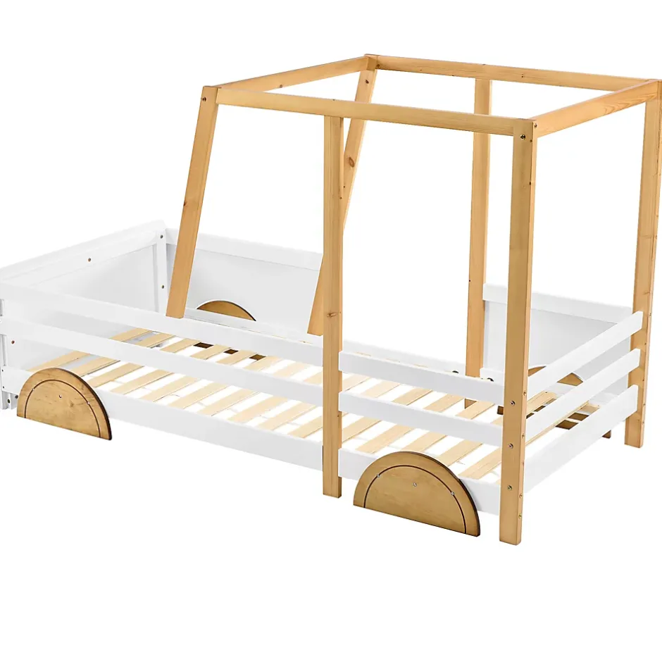 Redom Lit 90x200 cm en forme de voiture avec cadre en pin massif et barrières de protection, blanc/naturel Hot