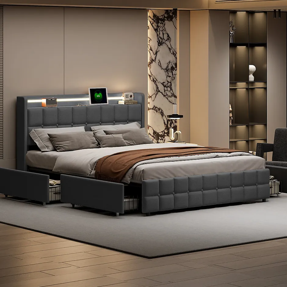 ProximaX Lit 160x200 cm en lin gris avec 4 tiroirs, tête de lit LED avec prises USB intégrées, Grand rangement et design élégant