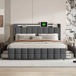 ProximaX Lit 160x200 cm en lin gris avec 4 tiroirs, tête de lit LED avec prises USB intégrées, Grand rangement et design élégant