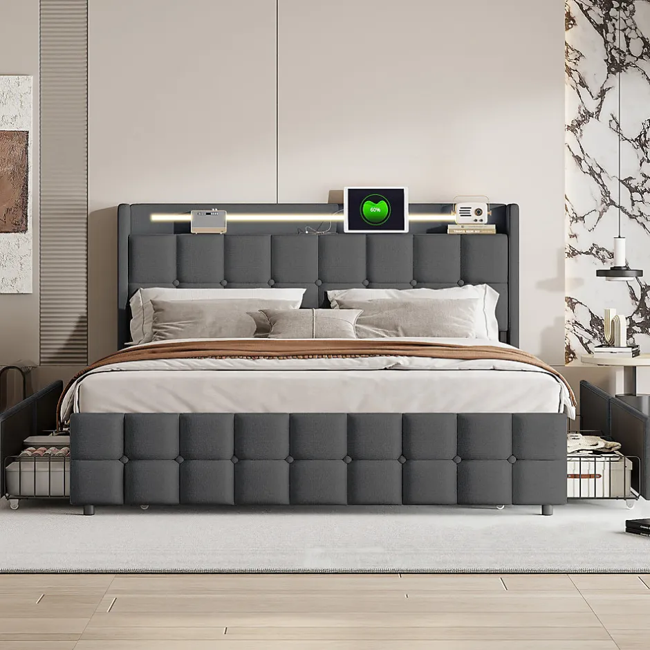 ProximaX Lit 160x200 cm en lin gris avec 4 tiroirs, tête de lit LED avec prises USB intégrées, Grand rangement et design élégant