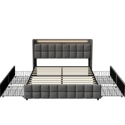 ProximaX Lit 160x200 cm en lin gris avec 4 tiroirs, tête de lit LED avec prises USB intégrées, Grand rangement et design élégant