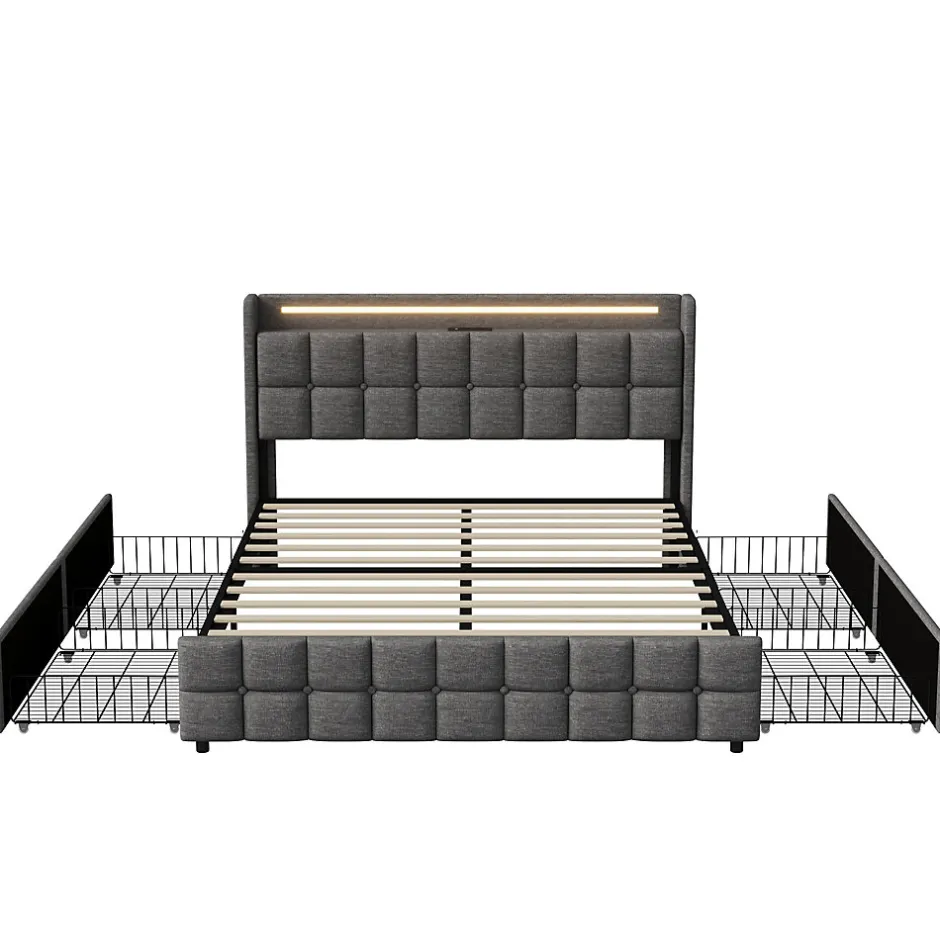 ProximaX Lit 160x200 cm en lin gris avec 4 tiroirs, tête de lit LED avec prises USB intégrées, Grand rangement et design élégant