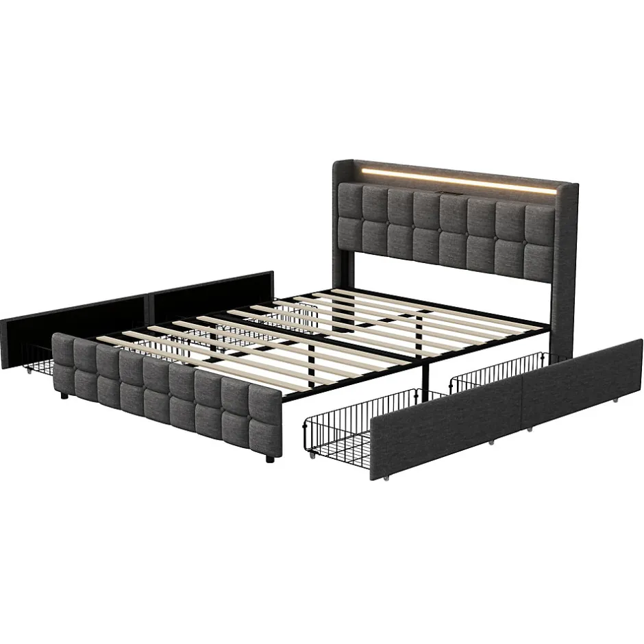 ProximaX Lit 160x200 cm en lin gris avec 4 tiroirs, tête de lit LED avec prises USB intégrées, Grand rangement et design élégant