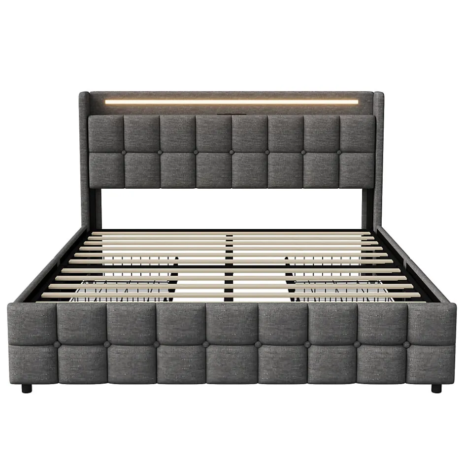ProximaX Lit 160x200 cm en lin gris avec 4 tiroirs, tête de lit LED avec prises USB intégrées, Grand rangement et design élégant
