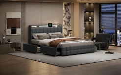 ProximaX Lit 160x200 cm en lin gris avec 4 tiroirs, tête de lit LED avec prises USB intégrées, Grand rangement et design élégant