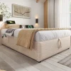 Redom Lit 90x190 cm en lin naturel avec rangement hydraulique, étagère tête de lit et ports USB-C Best