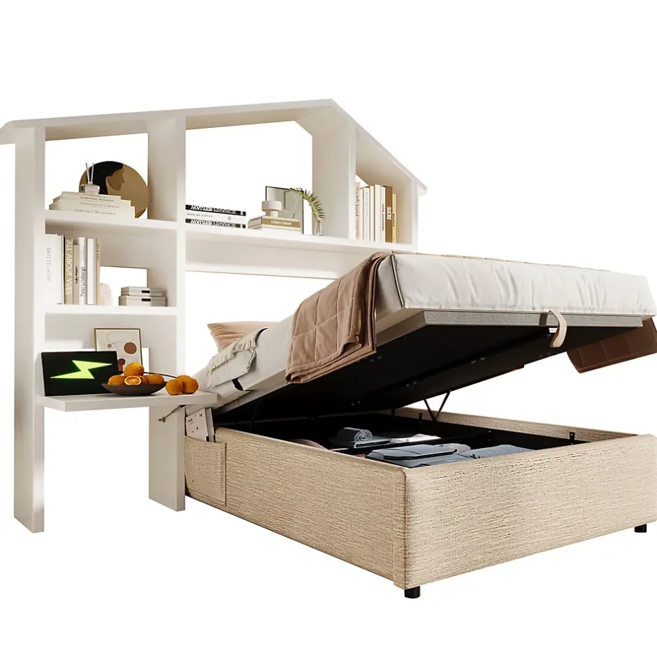 Redom Lit 90x190 cm en lin naturel avec rangement hydraulique, étagère tête de lit et ports USB-C Best