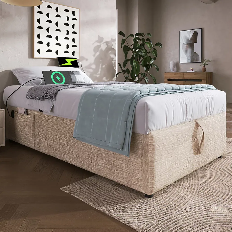Redom Lit 90x190 cm en lin naturel avec rangement hydraulique, étagère tête de lit et ports USB-C Best