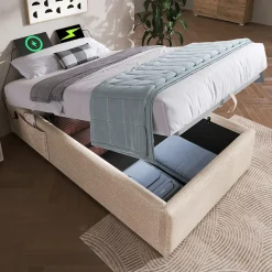 Redom Lit 90x190 cm en lin naturel avec rangement hydraulique, étagère tête de lit et ports USB-C Best
