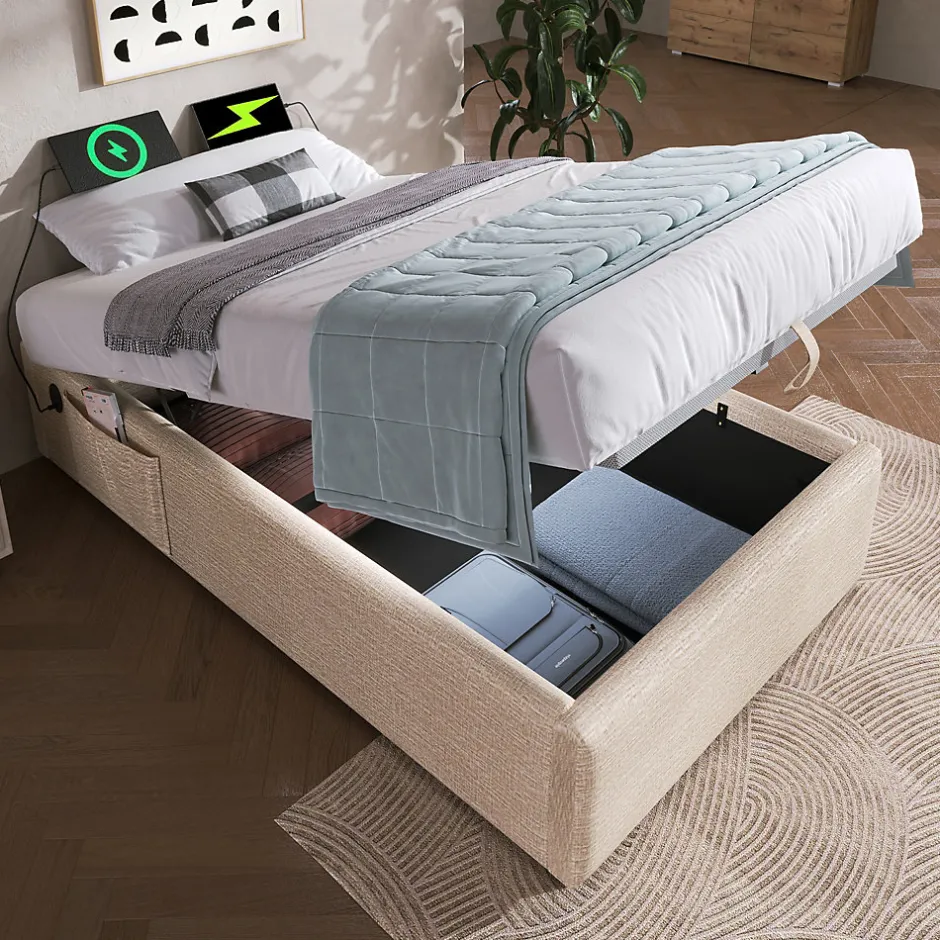 Redom Lit 90x190 cm en lin naturel avec rangement hydraulique, étagère tête de lit et ports USB-C Best