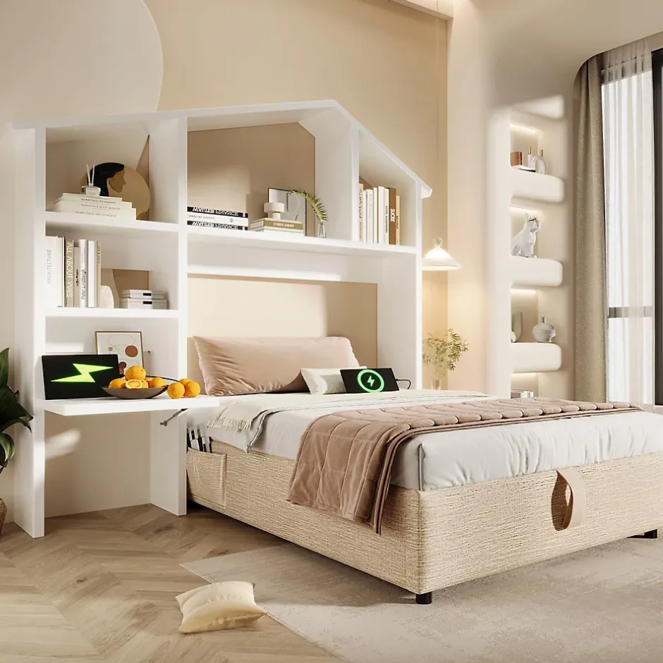 Redom Lit 90x190 cm en lin naturel avec rangement hydraulique, étagère tête de lit et ports USB-C Best